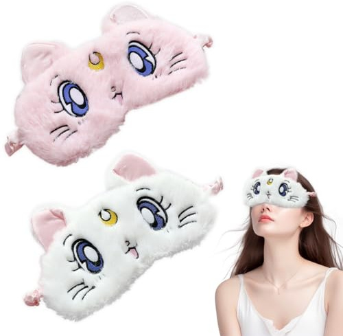 2 weiche Plüsch-Schlaf-Augenmasken, niedliche und bequeme Satin-Schlafmasken, Schlafmasken, für Männer und Frauen (rosa und weiße Katze)
