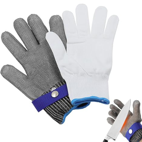 Gants de cuisine résistants aux coupures, gants métalliques en maille d'acier inoxydable - Gants de cuisine résistants aux coupures avec gants en nylon blanc | Gants résistants aux coupures confortabl