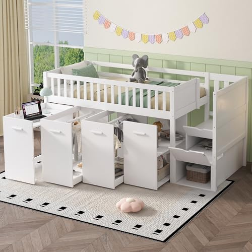 KecDuey Etagenbett 90x200cm, Kinderbett Multifunktionsbett, Kinderbett mit Fallschutz und Gitter, Mit Schreibtisch/Kleiderschrank/Schließfächer, mit 2 Schließfächer in der Treppe, Kiefer+MDF, Weiß