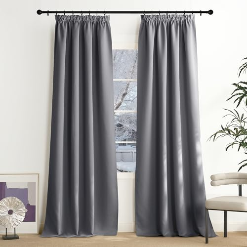 NICETOWN Graue Gardinen Thermovorhang Kräuselband Vorhang Blickdicht | H240 x B140 cm, 2er Set, Vorhang Grau, Thermovorhänge gegen Hitze, Gardinen für Schienensystem, Curtains for Bedroom
