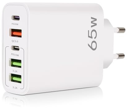 YIIFELL Caricabatterie USB C, 65 W 5 porte Caricabatterie USBC con caricatore rapido intelligente QC 3.0, adattatore di alimentazione USB per iPhone 15 14 13 12 11 Pro Max SE 2020 XS XR 8 7, Samsung