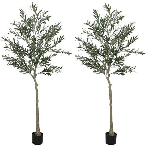 HOMCOM Set of 2 6ft/ 180cm Decorative Artificial Plant, Silk Olive Tree with 900 Leaves and 40 Olive Fruits in Pot, Fake Plant for Home, Office, Living Room, Indoor Decor