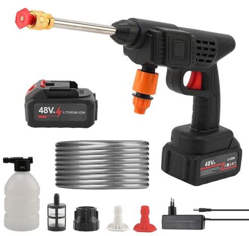 Idropulitrice a Batteria,48V 1200mAh,Idropulitrice Portatile,60 bar Pulitore ad Alta Pressione Senza Fili,con 2 Ugello,Tubo da 5M,per Auto, Giardino, Pavimenti e Esterni