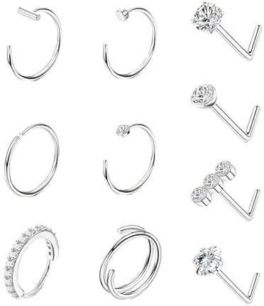 louuuou 10 Pcs L Shaped Silver 8mm Nose Rings,Round Shaped Septum Ring Fake Nose Ring,Exquisite Noses Hoops Piercing Jewellery,C Shape Cool Double Hoop Noses Ring for Women Men Gift