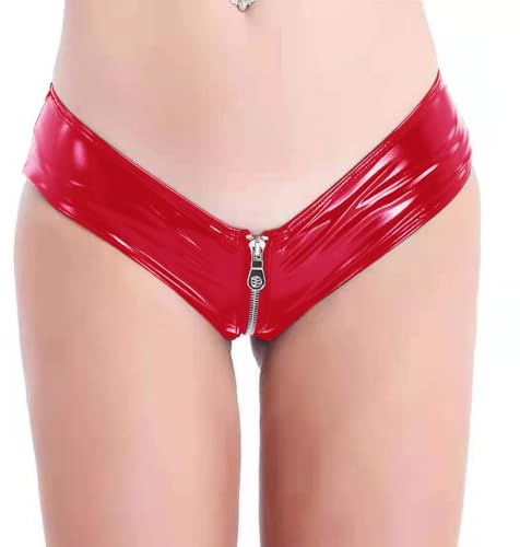 PARUPRUP Femme Sexy Cuir Zippée Mini Culotte Wetlook Latex Lingerie Hipster Slips Push-up Moulante Panties Taille Basse sous-Vetement (FR/ES, Alpha/Lettres, L, Taille Normale, Taille Normale, Rouge)