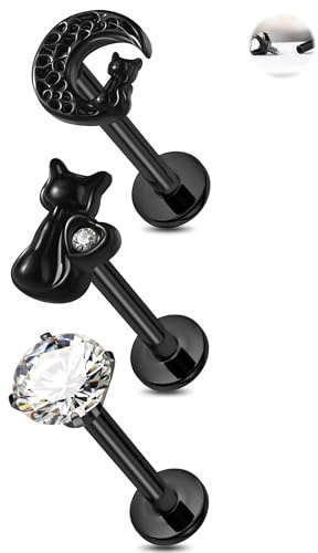 Jewseen Lot de 3 boucles d'oreilles à tige pour cartilage d'hélix et tragus - Noir - Dos plat - Filetage interne, 16G 6MM, Acier inoxydable