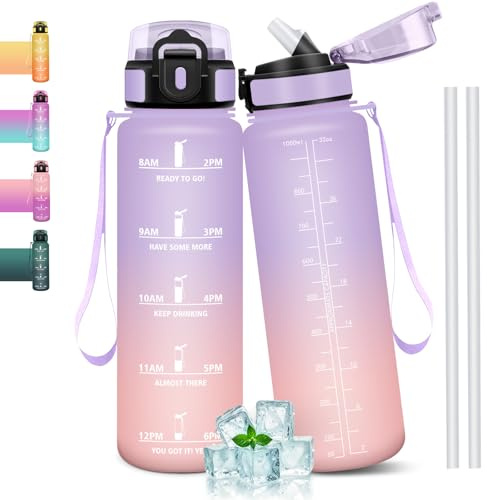 Mulbijeo Gourde 1l, Étanches, Gourde Paille, sans BPA & Réutilisable, Bouteille, Motivation Bouteille d'eau, Avec Marqueur de Temps, Gourde Sport pour Gym, Ecole, Cyclisme, Plein air, Sport