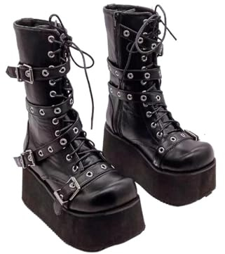 Plus size stövlar spänne rund tå kilar plattform stövlar punk gotiska gatuskor stridsstövlar för kvinnor, Svart, 38 EU