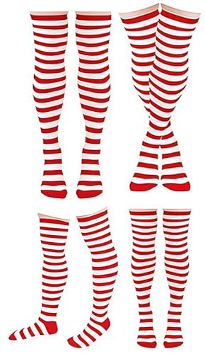 Zuwevbo 4 Pairs Striped Knee High Socks,Red and White Striped Socks for Read Across America Week,Athletic Long Striated Stocking for Themed Cosplay,Casual Tube Hosiery