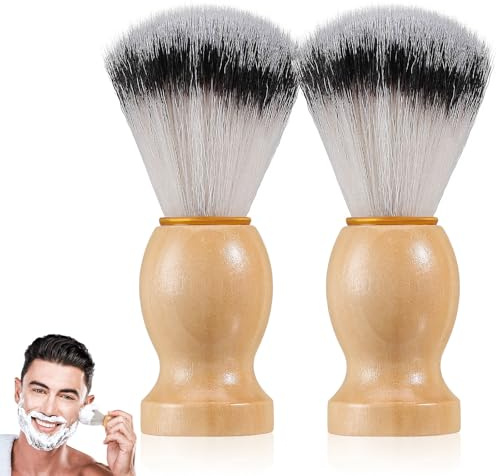 Brocha de Afeitar para Hombre 2piezas de Madera y Nylon | Cerdas Sintéticas Plateadas, Uso Seguro en Agua, para Barbería y Después del Afeitado