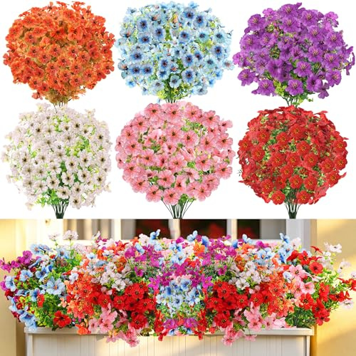 12 Bundles Artificial Flowers Outdoor, 6 Colors UV-Resistant Artificial Flowers, No Fade Plastic Faux Plants for Indoor Outside Garden Porch Window Box Farmhouse Wedding Decoration Hanging Planters