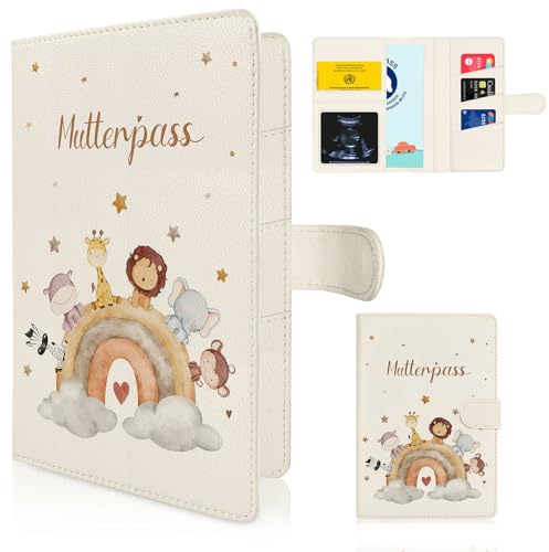 Mngevcy Mutterpasshülle Leder für Deutschen Mutterpass, Mutterpass Schutzhülle mit Verdeckter Magnetverschluss, Mutterpasshüllen mit 8 Fächern für Ultraschallbilder und Impfpass usw, Beige