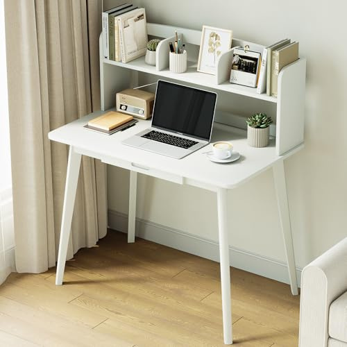 IOTXY 100 cm Holz Schreibtisch mit Aufsatz – Weiß Modern Arbeitstisch | mit Schublade, für Arbeitszimmer, Schlafzimmer, Wohnzimmer, Moderner Computertisch
