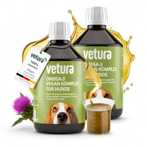 Vetura Veganes Omega 3 Öl für Hunde - 2 x 500 ml Sparset - Omega-3 Vegan Komplex mit DHA & EPA – Unterstützt Haut & Fell – BARF Öl Hund mit 7 pflanzlichen Ölen – Ergänzungsfuttermittel aus Deutschland
