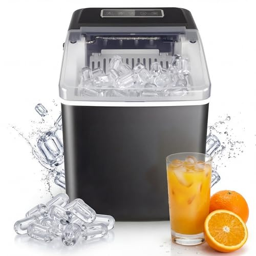Eiswürfelmaschine Klein 15kg/24h mit Sichtfenster, Eiswürfel in 6-10 Minuten mit Griff, Eisschaufel u. Korb, Selbstreinigender Tragbare Eiswürfelbereiter Ice Maker für Zuhause, Büro, Party Bar Büro RV