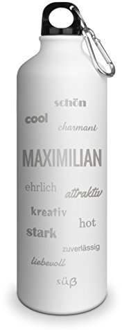 Trinkflasche mit Namen Maximilian - graviert mit Positive Eigenschaften, Aluminiumflasche mit Gravur, Sportflasche - matt weiß