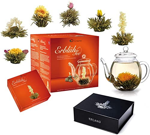 Creano Mélange de Fleurs de Thé - Coffret Cadeau BloomingTea avec Pot en Verre (500ml) + 6 Fleurs de Thé en Boîte Magnétique en 6 Variétés | Thé blanc