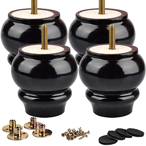 La Vane 8cm Holz Tischbeine, 4 Stück Runde Kürbisflasche Massivholz Ersatz Möbelfüße Kugelfüße mit vorgebohrten M8 5/16 Bolzen & Montageplatten & Schrauben für Sofa Bett Schrank Ottomane