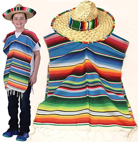 GiftExpress Mexican Party Set - Traditional Serape Poncho, Sombrero with Band for Kids, Cinco de Mayo or Fiesta Theme