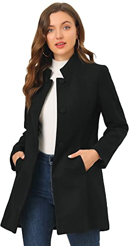 Allegra K Women's Peter Pan Collar Double Breasted Winter Long Trench Pea Coat, Black, L