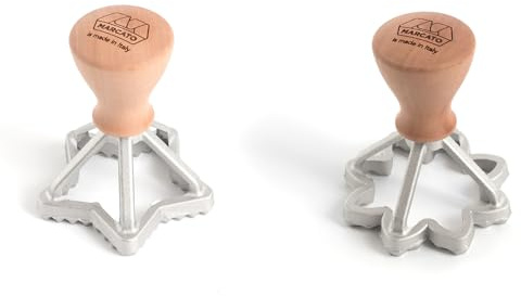 MARCATO Ravioli- und Plätzchen-Ausstecher-Set, Ravioli-Macher, Plätzchenausstecher, Massivholz und Gusseisen, Hergestellt in Italien, Form mit 65 mm Stern + Form mit 70 mm Blume