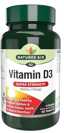 Natures Aid Super Strength Vitamin D3 4000iu – High Strength Vitamin D Supplement for Bones, Immune System, Mood & Energy – Natural, Non-GMO, Gluten Free, Vegan Health & Wellness Support – 60 Tablets