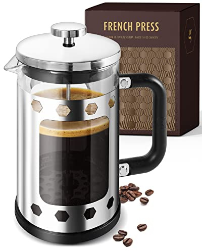 Cafetera de prensa de café – 4 tazas de prensa francesa – Jarra de vidrio grande resistente al calor de 34 onzas incluye filtro de acero inoxidable y 1 cucharada de cucharada
