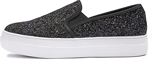 FEVERSOLE Women's Fashion Slip On Sneaker Casual Platform Loafers Glitter Black Size 7 M US