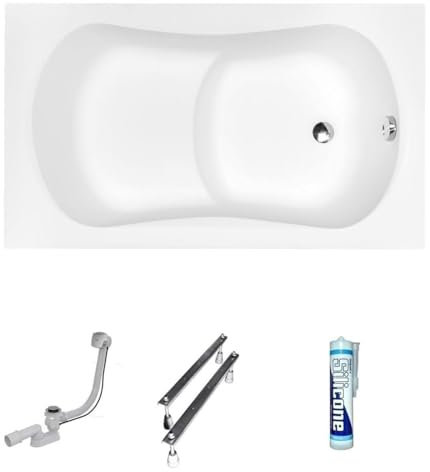 ECOLAM Baignoire rectangle acrylique Aria Rehab avec assise 120x70 cm | pieds siphon et silicone | Belle forme | Aspect moderne | original produit | baignoire en acrylique blanc