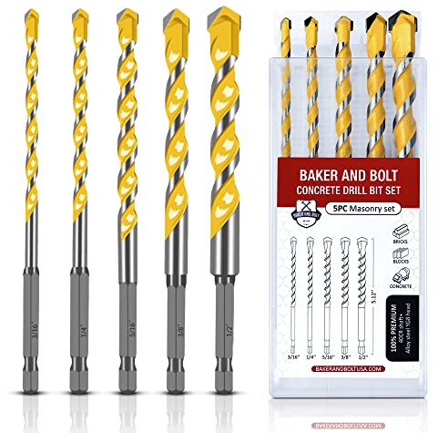 Baker and Bolt Extra 5 Pcs 5.12 Masonry Drill Bit Set for Concrete High-Speed Steel Drill Bits Set with Storage Sleeve (3/16-1/2)