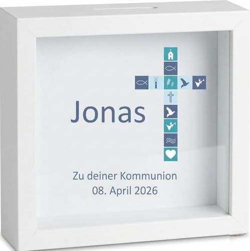 Bilderrahmen-Spardose -blaues Kreuz Motiv, Kommunion- personalisiert mit Namen & Datum - Geschenk zur Kommunion - 3D-Sparbüchse als Geldgeschenk