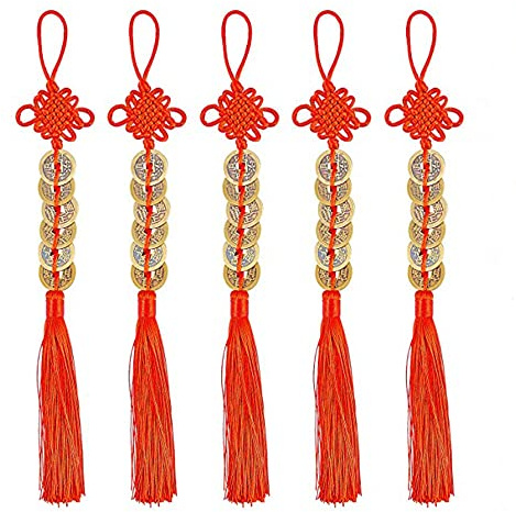 MaoNativey 5 Set Monete Cinesi Fortuna, Portafortuna Feng Shui, Nodo I-Ching, Tradizionali con Stringa Rossa per Ricchezza e Successo