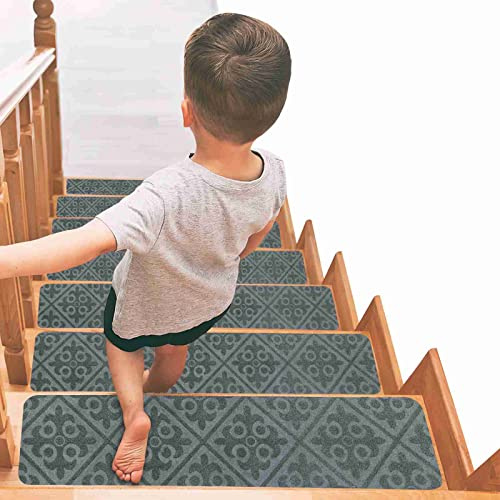 Arthome Tapis d'escalier antidérapant 15 Paquets de 8 x30 pour Les marches en Bois, de sécurité antidérapant pour Les Personnes âgées et Les Enfants,Auto-adhésif Non résiduel(Gris Gaufré)