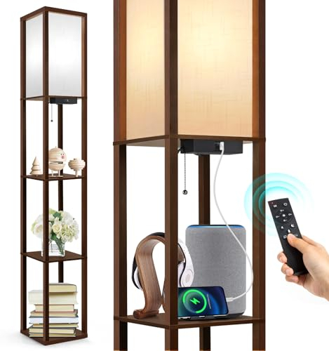 OUTON Lampada da Terra con Scaffale, Lampada da Terra Salotto Dimmerabile con Telecomando, Lampada a Stelo 160cm, 2 Porte di Ricarica USB, Piantana da Terra per Soggiorno, Camera Da Letto, Marrone