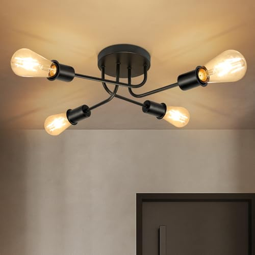 CBJKTX Deckenleuchte Vintage Deckenlampe Schwarz - 4 Flammig E27 | Küchenlampe Retro Wohnzimmerlampe Industrial Flurlampe Metall Design Schlafzimmerlampe für Küche Wohnzimmer ohne Leuchtmittel
