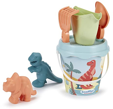 Ecoiffier- Cubo de Playa de 17cm Decorado con Motivos de Dinosaurios Que Incluye tamiz, 2 moldes de Arena, Cubo, regadera, Pala y rastrillo. (7600000462)
