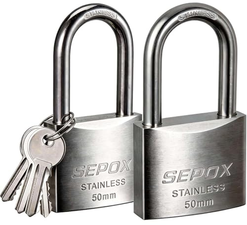 SEPOX® Stainless Steel Outdoor Padlock 50mm Long Shackle Marine SUS304, 2PK | For Gate Shed Locker Boat Fish Ship Door, 2 Heavy Duty Locks with Same 4 Keys, Waterproof Rustproof, All-Weather, Solid Build