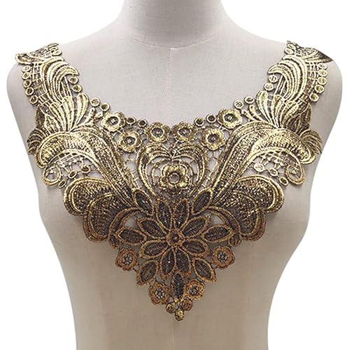 SYSUII Spitzenkragen Einsatzkragen Kragen,Spitze Applikation Blumen Stickerei Spitzenbesatz Häkelspitze Patch Kragen Verzieren Spitze Applique Patch Lace Trim für Kleid DIY Handarbeit,Bronzieren