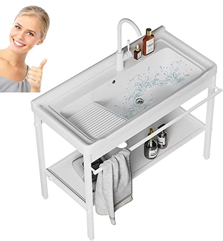 Evier Buanderie Utilitaire,Extérieur Évier De Jardin,Évieren Céramique,Support Inox,Autoportant Évier de cuisine Cuve simple,avec eau chaude et froide Robinet,Filtre de Vidange,Couleur Blanche ( Color