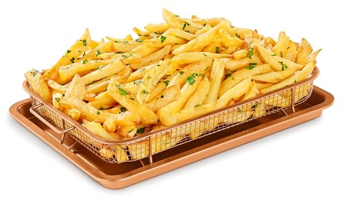 Bakken- Swiss Air Fryer Tray Basket w/Elevated Mesh Great for Oven, for Baking & Crispy Foods, Dishwasher Safe,PTFE/PFOA/PFOS Free Extra-Large 9.5/''x13/'',Copper