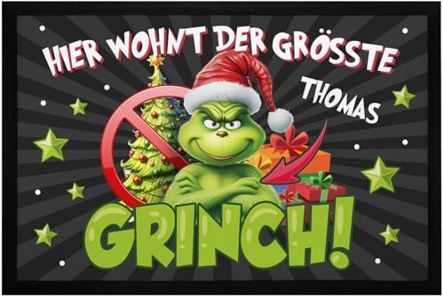 MoonWorks® Fußmatte Weihnachten Grinch personalisiierbar Wunschname Spruch lustige Weihnachtsdeko rutschfest & waschbar Schwarz1-6688- 60x40cm