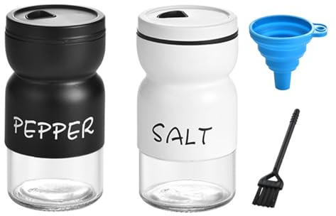 Hsthe Sea Set di 2 contenitori per spezie, Sale e Pepe, Bottiglie di spezie in Vetro Vintage con Coperchio, Spazzola per la Pulizia, Imbuto, barattoli di spezie per Cucina (Nero + Bianco)