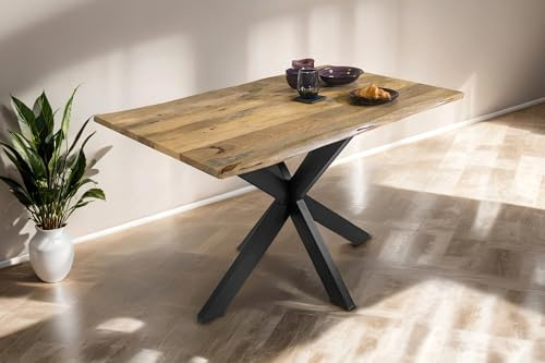 SAM Esstisch Tiger 120x80 cm Mangoholz Natur Vintage Spider schwarz | Baumkantentisch massiv, naturfarben, echte Baumkante, Metallgestell, Esszimmertisch