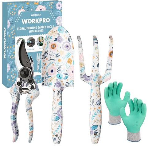 WORKPRO Gartenwerkzeug Set 4-tlg., Gartengeräte mit Geschenkverpackung, Gartenschaufel Gartenschere Gartenkralle Handschuhe, Geschenke für Gärtnerinnen und Gärtner, Gartengeschenk weiß