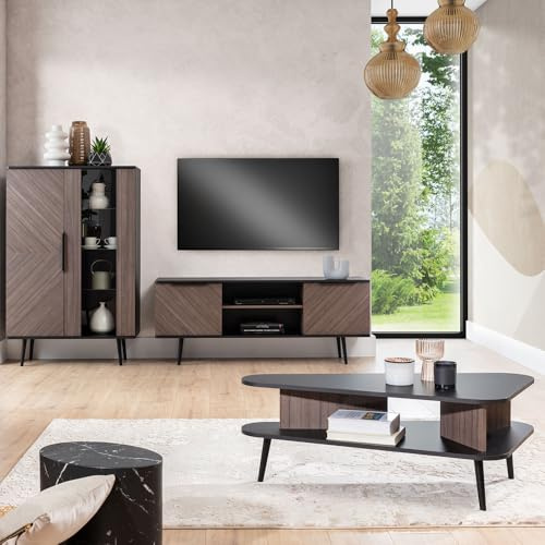 Lomadox Wohnmöbel Set Wohnwand in Graphit mit braun 3-teilig | 1 Highboard, 1 Lowboard, 1 Couchtisch