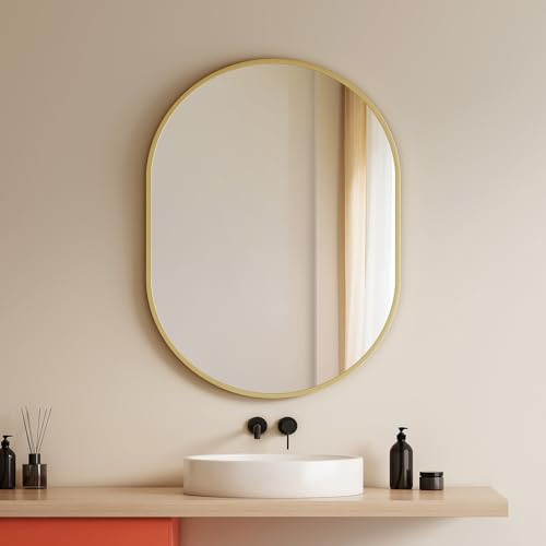 EMKE Badspiegel Oval Goldener 60 x 80 cm, HD Dekorativer Wandspiegel | Ovaler Wandspiegel, Goldener Rahmen, horizontal vertikal, Badezimmer Wohnzimmer Flur, explosionsgeschützt Sicherheit