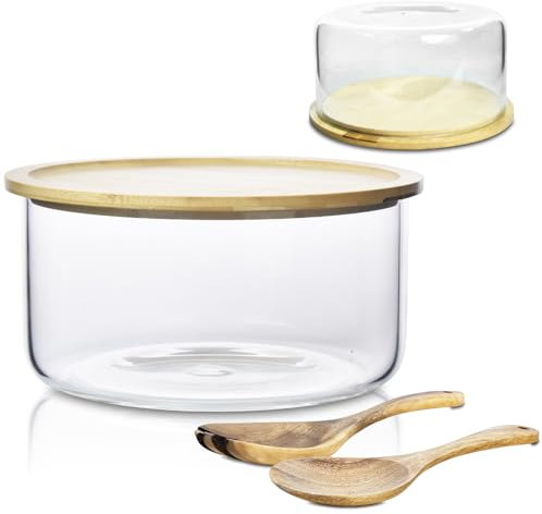Bol de service avec couvercle en bambou double fonction pour salades, desserts, fruits, punch, micro-ondes et lave-vaisselle, 22,9 cm