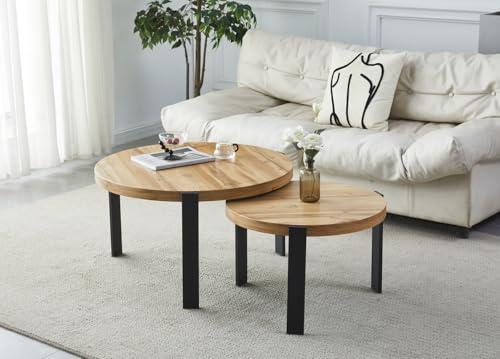 Design 2er Set Couchtisch GP-111 Echtholz rund Tisch Wohnzimmertisch, Farbe:Eiche Artisan - Schwarz matt