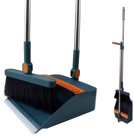 HPCORA Long Dustpan and Brush Set, Windproof Vertical Extension Pole Handle Rotatable Broom Set Dustpan Set (Blue)
