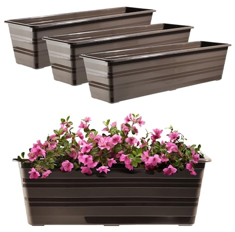 KADAX Set 3x60 cm Blumenkasten Braun, Balkontopf aus Kunststoff, Witterungsbeständiger Pflanz-Kasten, Blumentopf, Geländerkasten für Blumen